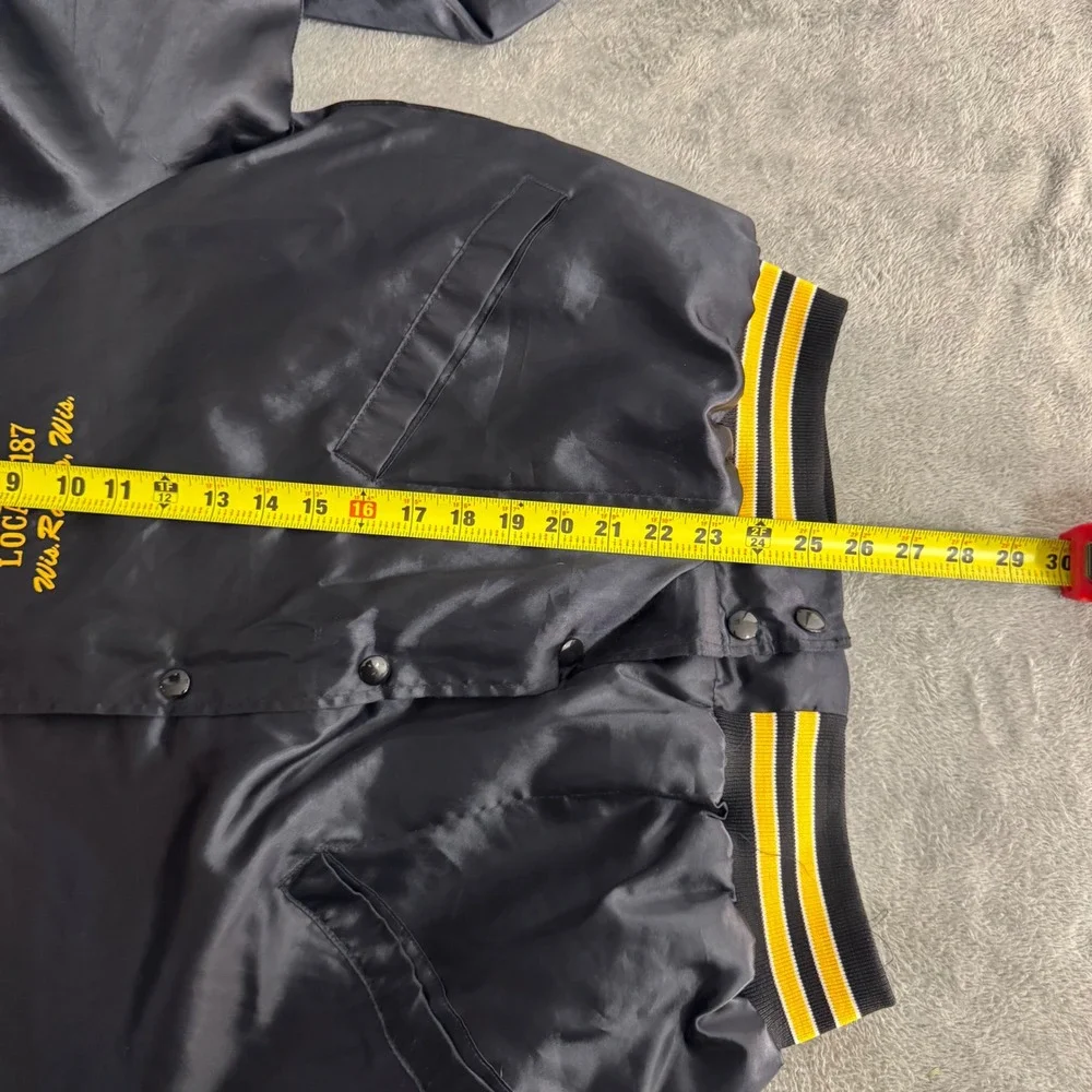 King‎ Louie Pro Fit Bomber Jacket Men L Black Paperworkers Union Satin Vintage